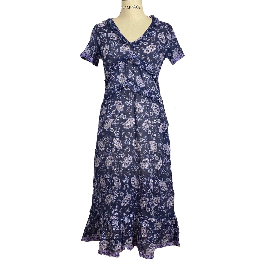 La Plage women's blue/purple blockprint midi ruffled neckline dress sz small